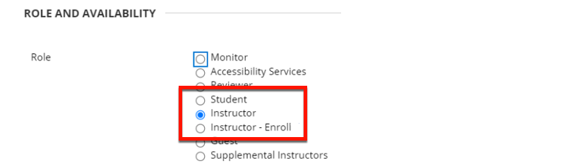 screenshot of Role and Avaiability options in Blackboard course enrollment layout