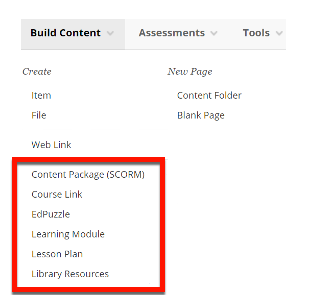 screenshot of Build Content menu in Blackboard with tool list alphabetically sorted