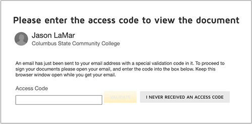 screenshot of DocuSign webpage for using Access Code